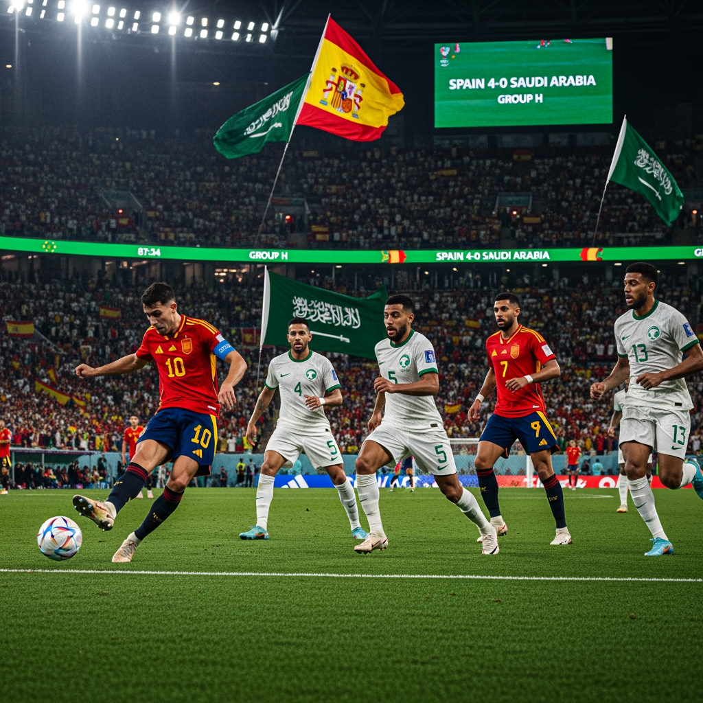 AI Design for Generate an ultra-realistic FIFA World Cup 2026 match scene showing Spain attacking against Saudi Arabia. A Spanish player is striking the ball while teammates make runs into the box. Saudi Arabian defenders are trying to stop the attack. The stadium is packed with fans waving Spanish and Saudi flags under bright floodlights. Capture the intensity, speed, and drama of a World Cup match with realistic player details, motion blur, vibrant colors, and a cinematic atmosphere. The stadium scoreboard displays Spain 4-0 Saudi Arabia and Group H. Professional sports photography, 8K resolution, highly detailed, no extra text or graphics.