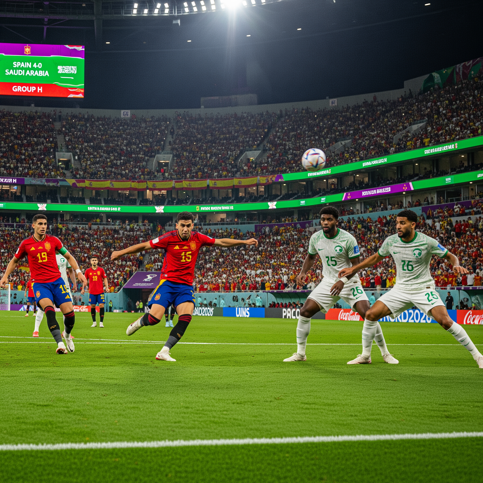 AI Design for Generate an ultra-realistic FIFA World Cup 2026 match scene showing Spain attacking against Saudi Arabia. A Spanish player is striking the ball while teammates make runs into the box. Saudi Arabian defenders are trying to stop the attack. The stadium is packed with fans waving Spanish and Saudi flags under bright floodlights. Capture the intensity, speed, and drama of a World Cup match with realistic player details, motion blur, vibrant colors, and a cinematic atmosphere. The stadium scoreboard displays Spain 4-0 Saudi Arabia and Group H. Professional sports photography, 8K resolution, highly detailed, no extra text or graphics.