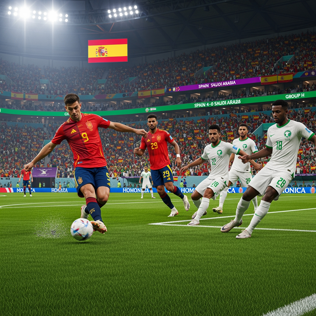 AI Design for Generate an ultra-realistic FIFA World Cup 2026 match scene showing Spain attacking against Saudi Arabia. A Spanish player is striking the ball while teammates make runs into the box. Saudi Arabian defenders are trying to stop the attack. The stadium is packed with fans waving Spanish and Saudi flags under bright floodlights. Capture the intensity, speed, and drama of a World Cup match with realistic player details, motion blur, vibrant colors, and a cinematic atmosphere. The stadium scoreboard displays Spain 4-0 Saudi Arabia and Group H. Professional sports photography, 8K resolution, highly detailed, no extra text or graphics.