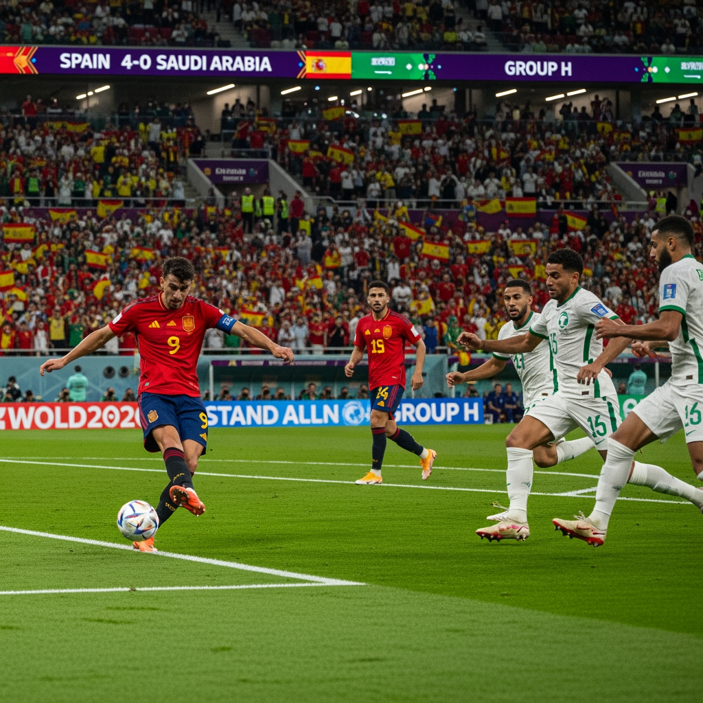 AI Design for Generate an ultra-realistic FIFA World Cup 2026 match scene showing Spain attacking against Saudi Arabia. A Spanish player is striking the ball while teammates make runs into the box. Saudi Arabian defenders are trying to stop the attack. The stadium is packed with fans waving Spanish and Saudi flags under bright floodlights. Capture the intensity, speed, and drama of a World Cup match with realistic player details, motion blur, vibrant colors, and a cinematic atmosphere. The stadium scoreboard displays Spain 4-0 Saudi Arabia and Group H. Professional sports photography, 8K resolution, highly detailed, no extra text or graphics.