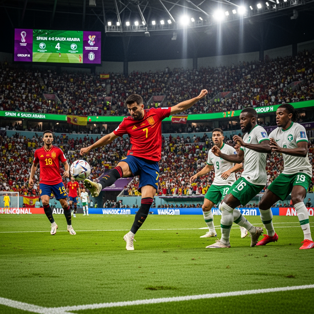 AI Design for Generate an ultra-realistic FIFA World Cup 2026 match scene showing Spain attacking against Saudi Arabia. A Spanish player is striking the ball while teammates make runs into the box. Saudi Arabian defenders are trying to stop the attack. The stadium is packed with fans waving Spanish and Saudi flags under bright floodlights. Capture the intensity, speed, and drama of a World Cup match with realistic player details, motion blur, vibrant colors, and a cinematic atmosphere. The stadium scoreboard displays Spain 4-0 Saudi Arabia and Group H. Professional sports photography, 8K resolution, highly detailed, no extra text or graphics.