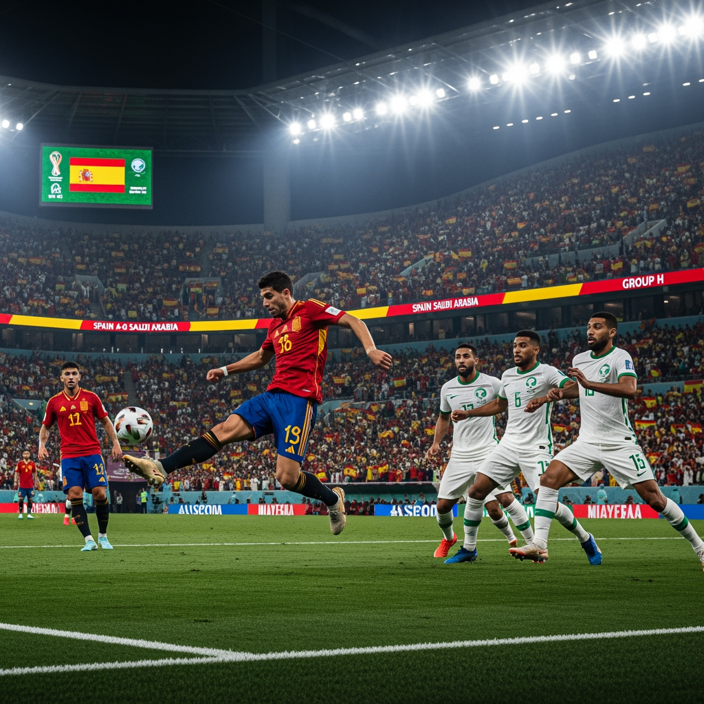 AI Design for Generate an ultra-realistic FIFA World Cup 2026 match scene showing Spain attacking against Saudi Arabia. A Spanish player is striking the ball while teammates make runs into the box. Saudi Arabian defenders are trying to stop the attack. The stadium is packed with fans waving Spanish and Saudi flags under bright floodlights. Capture the intensity, speed, and drama of a World Cup match with realistic player details, motion blur, vibrant colors, and a cinematic atmosphere. The stadium scoreboard displays Spain 4-0 Saudi Arabia and Group H. Professional sports photography, 8K resolution, highly detailed, no extra text or graphics.