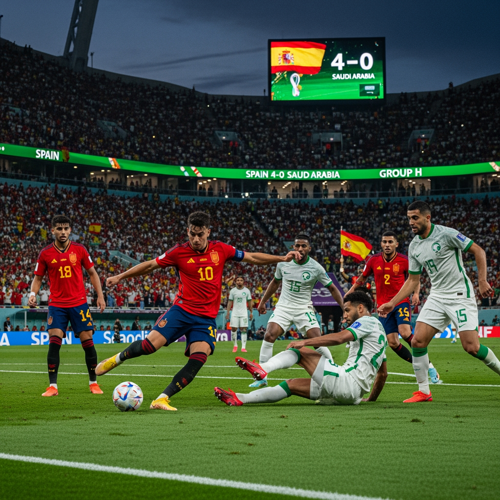 AI Design for Generate an ultra-realistic FIFA World Cup 2026 match scene showing Spain attacking against Saudi Arabia. A Spanish player is striking the ball while teammates make runs into the box. Saudi Arabian defenders are trying to stop the attack. The stadium is packed with fans waving Spanish and Saudi flags under bright floodlights. Capture the intensity, speed, and drama of a World Cup match with realistic player details, motion blur, vibrant colors, and a cinematic atmosphere. The stadium scoreboard displays Spain 4-0 Saudi Arabia and Group H. Professional sports photography, 8K resolution, highly detailed, no extra text or graphics.
