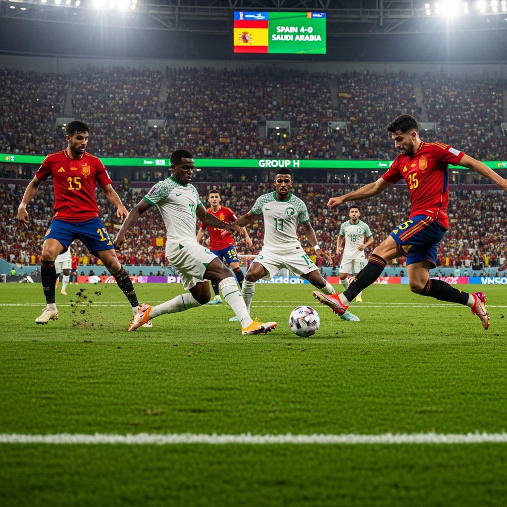 AI Design for Generate an ultra-realistic FIFA World Cup 2026 match scene showing Spain attacking against Saudi Arabia. A Spanish player is striking the ball while teammates make runs into the box. Saudi Arabian defenders are trying to stop the attack. The stadium is packed with fans waving Spanish and Saudi flags under bright floodlights. Capture the intensity, speed, and drama of a World Cup match with realistic player details, motion blur, vibrant colors, and a cinematic atmosphere. The stadium scoreboard displays Spain 4-0 Saudi Arabia and Group H. Professional sports photography, 8K resolution, highly detailed, no extra text or graphics.