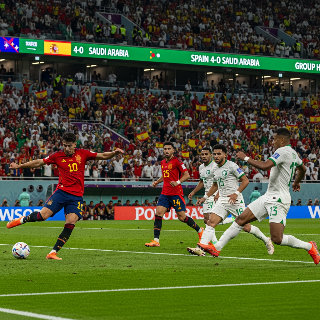 AI Design for Generate an ultra-realistic FIFA World Cup 2026 match scene showing Spain attacking against Saudi Arabia. A Spanish player is striking the ball while teammates make runs into the box. Saudi Arabian defenders are trying to stop the attack. The stadium is packed with fans waving Spanish and Saudi flags under bright floodlights. Capture the intensity, speed, and drama of a World Cup match with realistic player details, motion blur, vibrant colors, and a cinematic atmosphere. The stadium scoreboard displays Spain 4-0 Saudi Arabia and Group H. Professional sports photography, 8K resolution, highly detailed, no extra text or graphics.