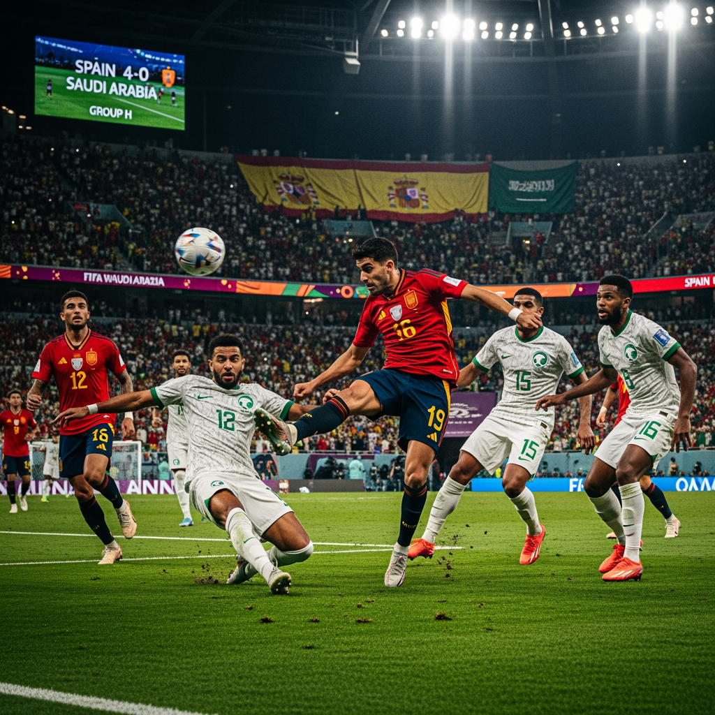AI Design for Generate an ultra-realistic FIFA World Cup 2026 match scene showing Spain attacking against Saudi Arabia. A Spanish player is striking the ball while teammates make runs into the box. Saudi Arabian defenders are trying to stop the attack. The stadium is packed with fans waving Spanish and Saudi flags under bright floodlights. Capture the intensity, speed, and drama of a World Cup match with realistic player details, motion blur, vibrant colors, and a cinematic atmosphere. The stadium scoreboard displays Spain 4-0 Saudi Arabia and Group H. Professional sports photography, 8K resolution, highly detailed, no extra text or graphics.
