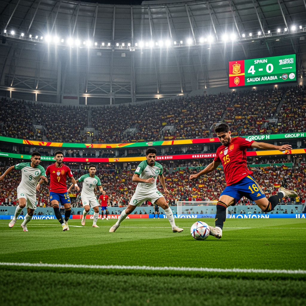 AI Design for Generate an ultra-realistic FIFA World Cup 2026 match scene showing Spain attacking against Saudi Arabia. A Spanish player is striking the ball while teammates make runs into the box. Saudi Arabian defenders are trying to stop the attack. The stadium is packed with fans waving Spanish and Saudi flags under bright floodlights. Capture the intensity, speed, and drama of a World Cup match with realistic player details, motion blur, vibrant colors, and a cinematic atmosphere. The stadium scoreboard displays Spain 4-0 Saudi Arabia and Group H. Professional sports photography, 8K resolution, highly detailed, no extra text or graphics.