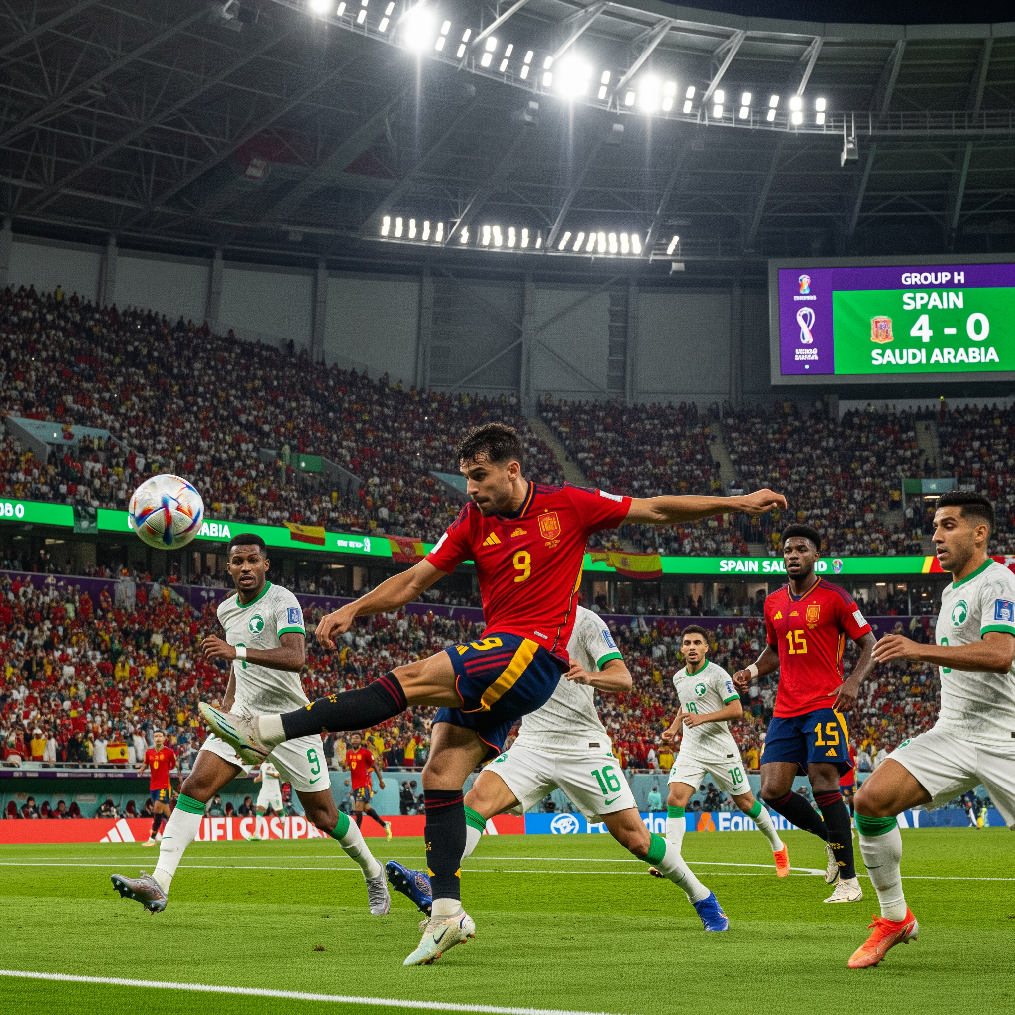 AI Design for Generate an ultra-realistic FIFA World Cup 2026 match scene showing Spain attacking against Saudi Arabia. A Spanish player is striking the ball while teammates make runs into the box. Saudi Arabian defenders are trying to stop the attack. The stadium is packed with fans waving Spanish and Saudi flags under bright floodlights. Capture the intensity, speed, and drama of a World Cup match with realistic player details, motion blur, vibrant colors, and a cinematic atmosphere. The stadium scoreboard displays Spain 4-0 Saudi Arabia and Group H. Professional sports photography, 8K resolution, highly detailed, no extra text or graphics.