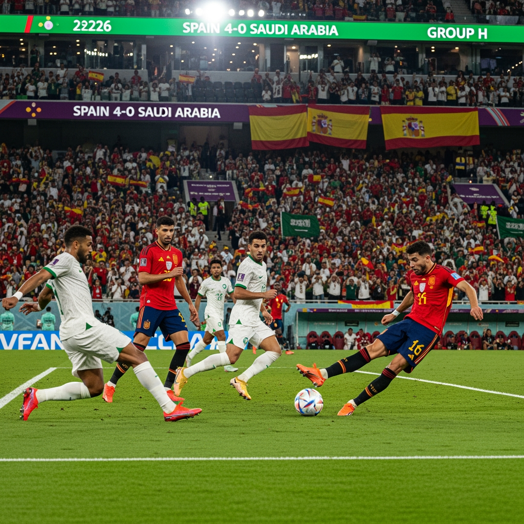 AI Design for Generate an ultra-realistic FIFA World Cup 2026 match scene showing Spain attacking against Saudi Arabia. A Spanish player is striking the ball while teammates make runs into the box. Saudi Arabian defenders are trying to stop the attack. The stadium is packed with fans waving Spanish and Saudi flags under bright floodlights. Capture the intensity, speed, and drama of a World Cup match with realistic player details, motion blur, vibrant colors, and a cinematic atmosphere. The stadium scoreboard displays Spain 4-0 Saudi Arabia and Group H. Professional sports photography, 8K resolution, highly detailed, no extra text or graphics.