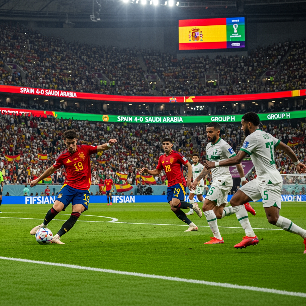 AI Design for Generate an ultra-realistic FIFA World Cup 2026 match scene showing Spain attacking against Saudi Arabia. A Spanish player is striking the ball while teammates make runs into the box. Saudi Arabian defenders are trying to stop the attack. The stadium is packed with fans waving Spanish and Saudi flags under bright floodlights. Capture the intensity, speed, and drama of a World Cup match with realistic player details, motion blur, vibrant colors, and a cinematic atmosphere. The stadium scoreboard displays Spain 4-0 Saudi Arabia and Group H. Professional sports photography, 8K resolution, highly detailed, no extra text or graphics.