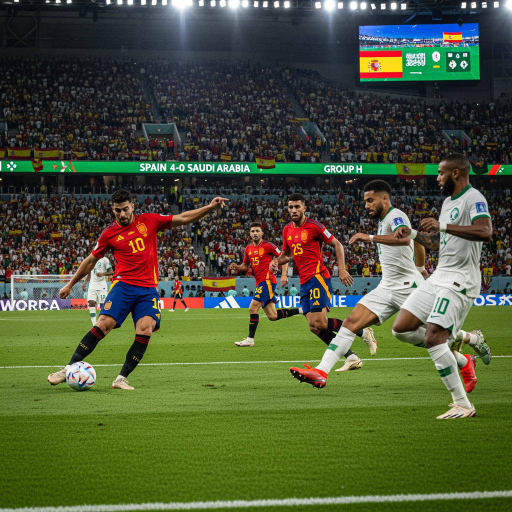 AI Design for Generate an ultra-realistic FIFA World Cup 2026 match scene showing Spain attacking against Saudi Arabia. A Spanish player is striking the ball while teammates make runs into the box. Saudi Arabian defenders are trying to stop the attack. The stadium is packed with fans waving Spanish and Saudi flags under bright floodlights. Capture the intensity, speed, and drama of a World Cup match with realistic player details, motion blur, vibrant colors, and a cinematic atmosphere. The stadium scoreboard displays Spain 4-0 Saudi Arabia and Group H. Professional sports photography, 8K resolution, highly detailed, no extra text or graphics.