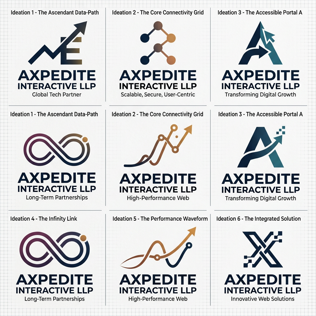 AI Design for I Want logo for my company [AXPEDITE INTERACTIVE LLP ] .  This is vision and mission of the company .       Vision Statement
To be a trusted global technology partner, empowering businesses with innovative, scalable, and user-centric web solutions that drive digital growth and success. Inspired by the goal of building beautiful, accessible, secure, and high-performing web experiences.
Mission Statement
Deliver high-quality websites, web applications, and digital solutions tailored to client needs.
Leverage modern technologies to create fast, secure, and scalable platforms.
Focus on exceptional user experience, performance, and accessibility.
Build long-term partnerships through transparency, reliability, and continuous support.
Help businesses accelerate digital transformation and achieve measurable results.
Short Version (Corporate Style) . this Is previous logo of Axpedite interactive llp . now redesign the logo . keep it modern , minimal, professional, it should absolutely align with vision and mission of the company.  GIVE 5 TO 6 IDEATIONS , IT IS NOT COMPULSORY TO ADD A IN LOGO .