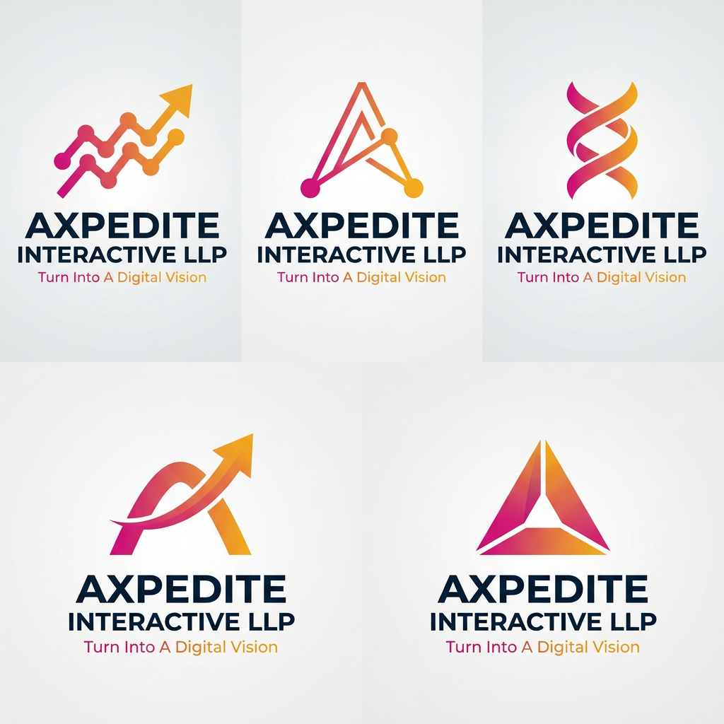 AI Design for I Want logo for my company [AXPEDITE INTERACTIVE LLP ] .  This is vision and mission of the company .       Vision Statement
To be a trusted global technology partner, empowering businesses with innovative, scalable, and user-centric web solutions that drive digital growth and success. Inspired by the goal of building beautiful, accessible, secure, and high-performing web experiences.
Mission Statement
Deliver high-quality websites, web applications, and digital solutions tailored to client needs.
Leverage modern technologies to create fast, secure, and scalable platforms.
Focus on exceptional user experience, performance, and accessibility.
Build long-term partnerships through transparency, reliability, and continuous support.
Help businesses accelerate digital transformation and achieve measurable results.
Short Version (Corporate Style) . this Is previous logo of Axpedite interactive llp . now redesign the logo . keep it modern , minimal, professional, it should absolutely align with vision and mission of the company.  GIVE 5 TO 6 IDEATIONS , IT IS NOT COMPULSORY TO ADD A IN LOGO .   GIVE MORE IDEAS