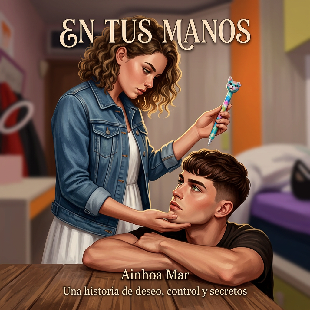 AI Design for si puedes hablar en español mejor, necesito crear una portada para mi libro: una chica blanca de pelo rizado rubio oscuro con una chaqueta vaquera y un vestido blanco debajo, que solo se le vea de cintura para arriba, está mirando fijamente a un chico debajo de ella, este es con un peinado francés marrón, ojos verdes y mandíbula marcada, la mira con deseo apoyado en una mesa, ella esta encima de él. La mano izquierda de la chica esta sujetándole el mentón a el chico, y la otra mano tiene el bolígrafo de la foto.