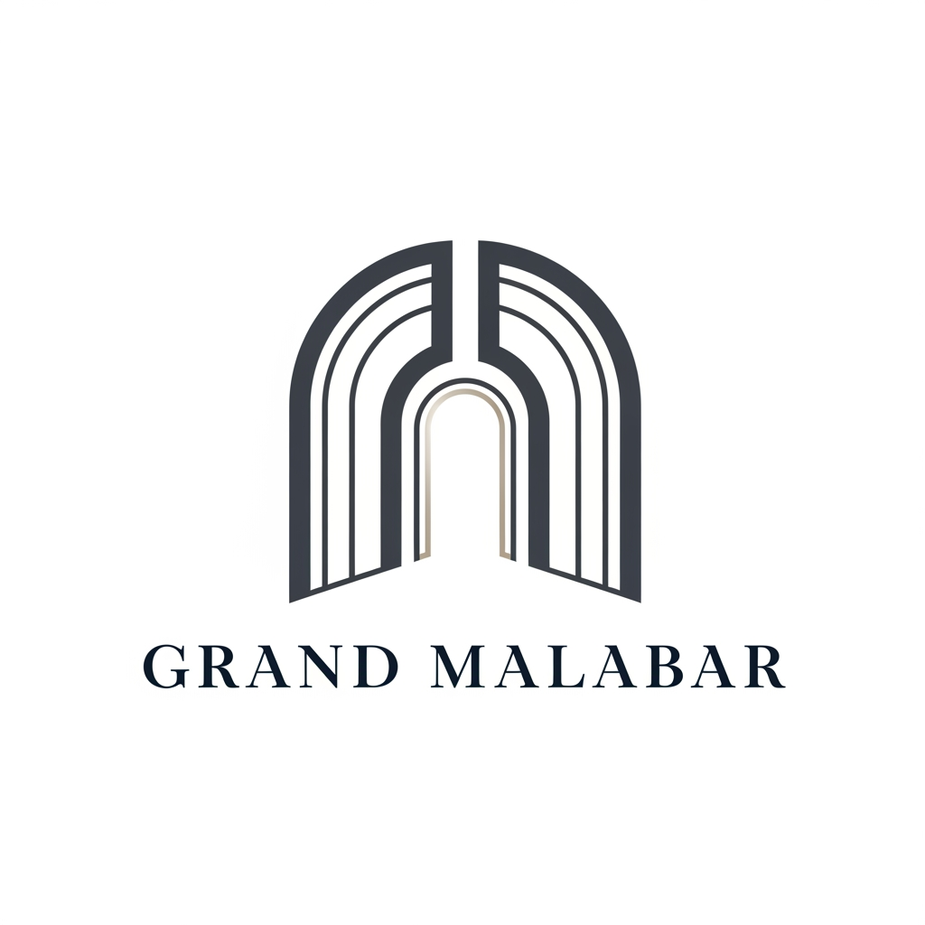 AI Design for Design a luxury minimalist logo for 'Grand Malabar', a premium convention centre. Create an iconic, timeless mark that conveys grandeur, prestige, hospitality, and large-scale events. Use clean geometric forms inspired by elegant architecture, grand entrances, arches, or contemporary landmark structures. The logo should feel sophisticated and upscale, similar to luxury hotels and convention venues. Include a refined wordmark with subtle custom typography.  Avoid wedding symbols, banquet icons, flowers, crowns, or generic event graphics. Premium architectural identity, corporate yet welcoming, suitable for signage, building facades, stationery, and digital branding.
