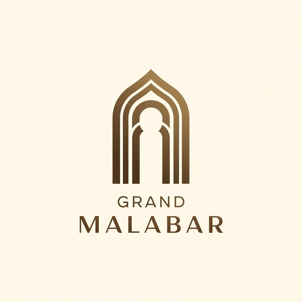 AI Design for Design a luxury minimalist logo for 'Grand Malabar', a premium convention centre. Create an iconic, timeless mark that conveys grandeur, prestige, hospitality, and large-scale events. Use clean geometric forms inspired by elegant architecture, grand entrances, arches, or contemporary landmark structures. The logo should feel sophisticated and upscale, similar to luxury hotels and convention venues. Include a refined wordmark with subtle custom typography. Flat vector design, strong negative space, balanced proportions, modern luxury branding, highly memorable and scalable. Avoid wedding symbols, banquet icons, flowers, crowns, or generic event graphics. Premium architectural identity, corporate yet welcoming, suitable for signage, building facades, stationery, and digital branding.