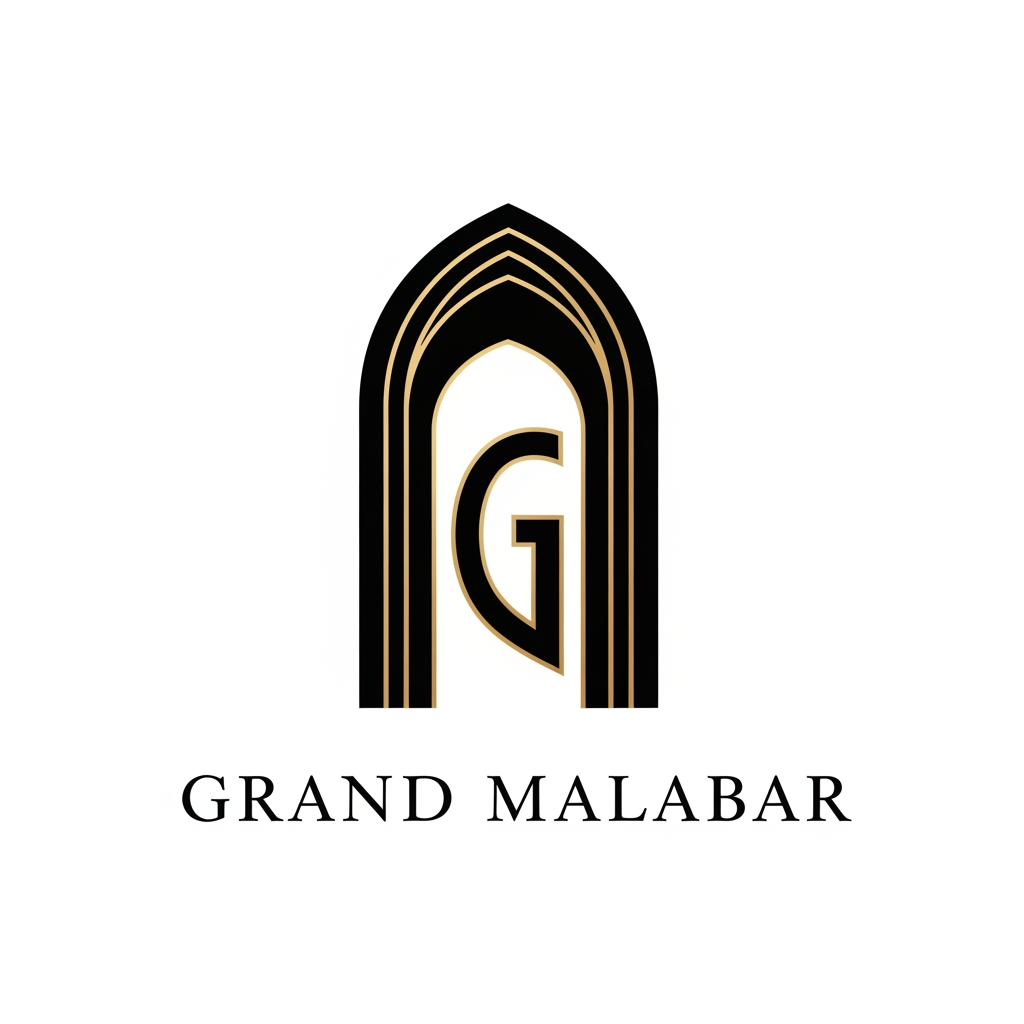 AI Design for Design a luxury minimalist logo for Grand Malabar Convention Centre. Create a single iconic architectural symbol inspired by a monumental entrance or grand gateway. The mark should feature a tall geometric arch with perfect symmetry, conveying prestige, exclusivity, and large-scale celebrations. Integrate a subtle 'G' within the negative space of the architecture. The design should feel timeless, sophisticated, and iconic, similar to luxury hospitality brands and landmark destinations. Use clean geometric forms, strong negative space, balanced proportions, and a refined architectural aesthetic. Pair with an elegant custom wordmark for GRAND MALABAR with high-end serif typography and generous letter spacing. Black and gold color palette, flat vector style, suitable for signage, embossing, foil stamping, and premium branding. Inspired by the level of clever simplicity and symbolism seen on Hiding Elephant. Avoid crowns, wedding rings, banquet icons, and generic event imagery.
