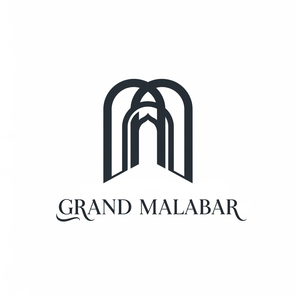 AI Design for Design a luxury minimalist logo for 'Grand Malabar', a premium convention centre. Create an iconic, timeless mark that conveys grandeur, prestige, hospitality, and large-scale events. Use clean geometric forms inspired by elegant architecture, grand entrances, arches, or contemporary landmark structures. The logo should feel sophisticated and upscale, similar to luxury hotels and convention venues. Include a refined wordmark with subtle custom typography. Flat vector design, strong negative space, balanced proportions, modern luxury branding, highly memorable and scalable. Avoid wedding symbols, banquet icons, flowers, crowns, or generic event graphics. Premium architectural identity, corporate yet welcoming, suitable for signage, building facades, stationery, and digital branding.