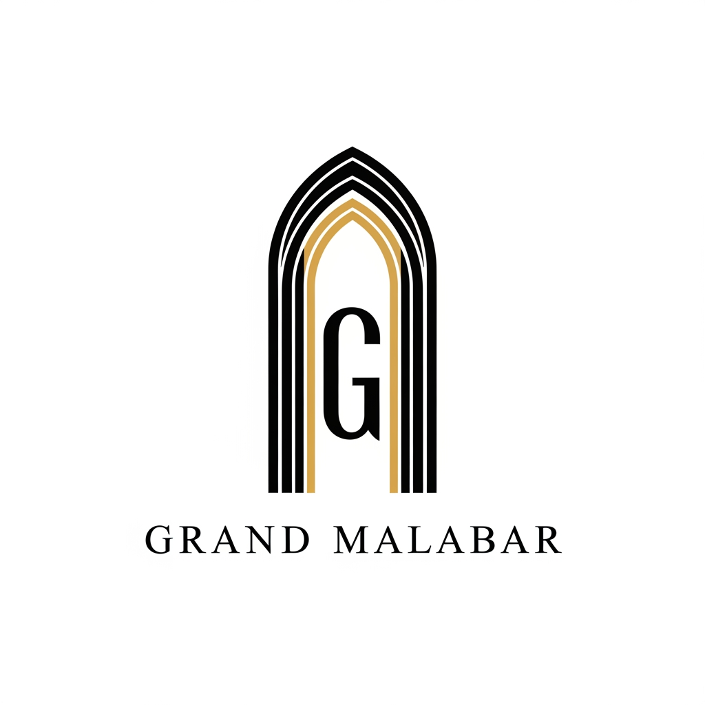 AI Design for Design a luxury minimalist logo for Grand Malabar Convention Centre. Create a single iconic architectural symbol inspired by a monumental entrance or grand gateway. The mark should feature a tall geometric arch with perfect symmetry, conveying prestige, exclusivity, and large-scale celebrations. Integrate a subtle 'G' within the negative space of the architecture. The design should feel timeless, sophisticated, and iconic, similar to luxury hospitality brands and landmark destinations. Use clean geometric forms, strong negative space, balanced proportions, and a refined architectural aesthetic. Pair with an elegant custom wordmark for GRAND MALABAR with high-end serif typography and generous letter spacing. Black and gold color palette, flat vector style, suitable for signage, embossing, foil stamping, and premium branding. Inspired by the level of clever simplicity and symbolism seen on Hiding Elephant. Avoid crowns, wedding rings, banquet icons, and generic event imagery.