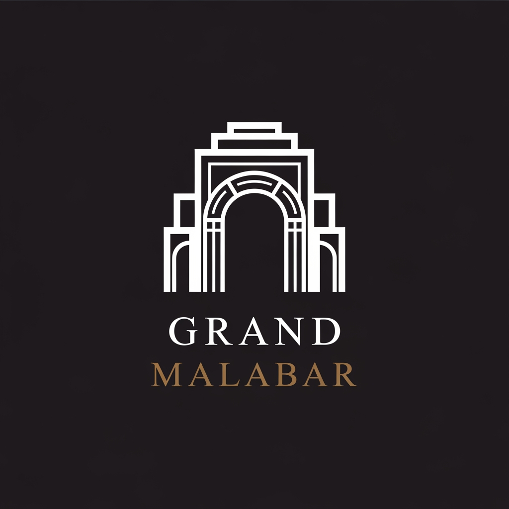AI Design for Design a luxury minimalist logo for 'Grand Malabar', a premium convention centre. Create an iconic, timeless mark that conveys grandeur, prestige, hospitality, and large-scale events. Use clean geometric forms inspired by elegant architecture, grand entrances, arches, or contemporary landmark structures. The logo should feel sophisticated and upscale, similar to luxury hotels and convention venues. Include a refined wordmark with subtle custom typography. Flat vector design, strong negative space, balanced proportions, modern luxury branding, highly memorable and scalable. Avoid wedding symbols, banquet icons, flowers, crowns, or generic event graphics. Premium architectural identity, corporate yet welcoming, suitable for signage, building facades, stationery, and digital branding.