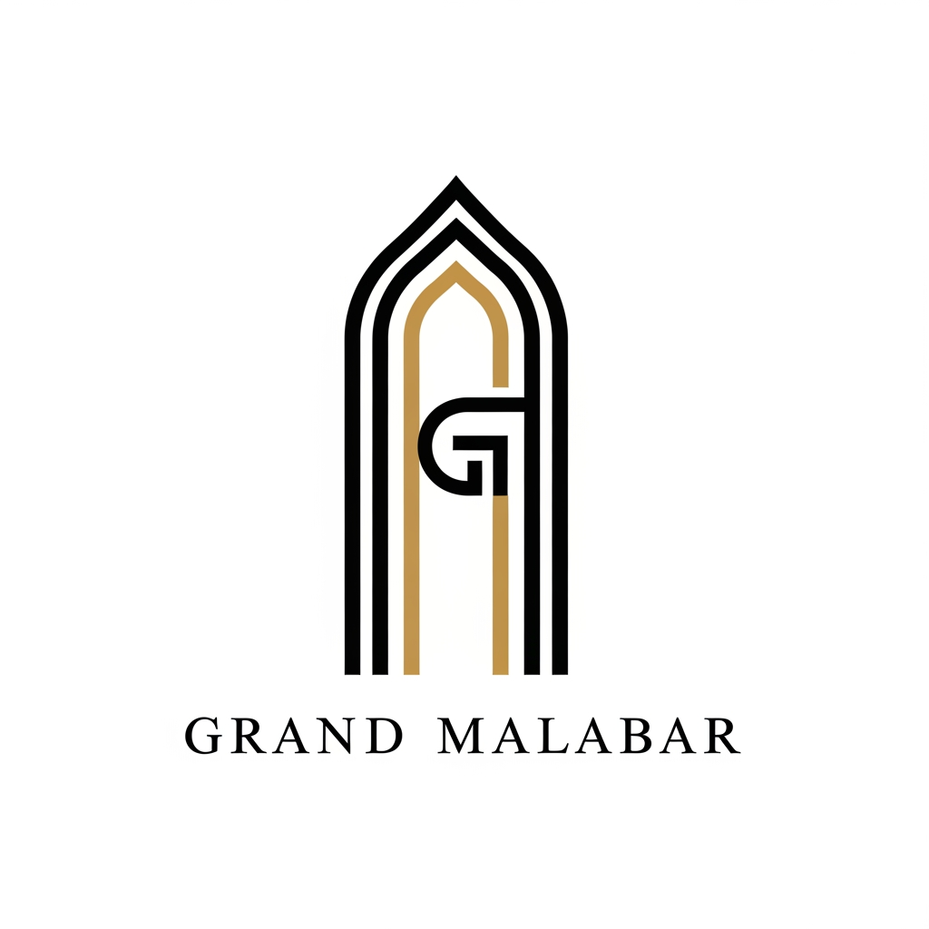 AI Design for Design a luxury minimalist logo for Grand Malabar Convention Centre. Create a single iconic architectural symbol inspired by a monumental entrance or grand gateway. The mark should feature a tall geometric arch with perfect symmetry, conveying prestige, exclusivity, and large-scale celebrations. Integrate a subtle 'G' within the negative space of the architecture. The design should feel timeless, sophisticated, and iconic, similar to luxury hospitality brands and landmark destinations. Use clean geometric forms, strong negative space, balanced proportions, and a refined architectural aesthetic. Pair with an elegant custom wordmark for GRAND MALABAR with high-end serif typography and generous letter spacing. Black and gold color palette, flat vector style, suitable for signage, embossing, foil stamping, and premium branding. Inspired by the level of clever simplicity and symbolism seen on Hiding Elephant. Avoid crowns, wedding rings, banquet icons, and generic event imagery.