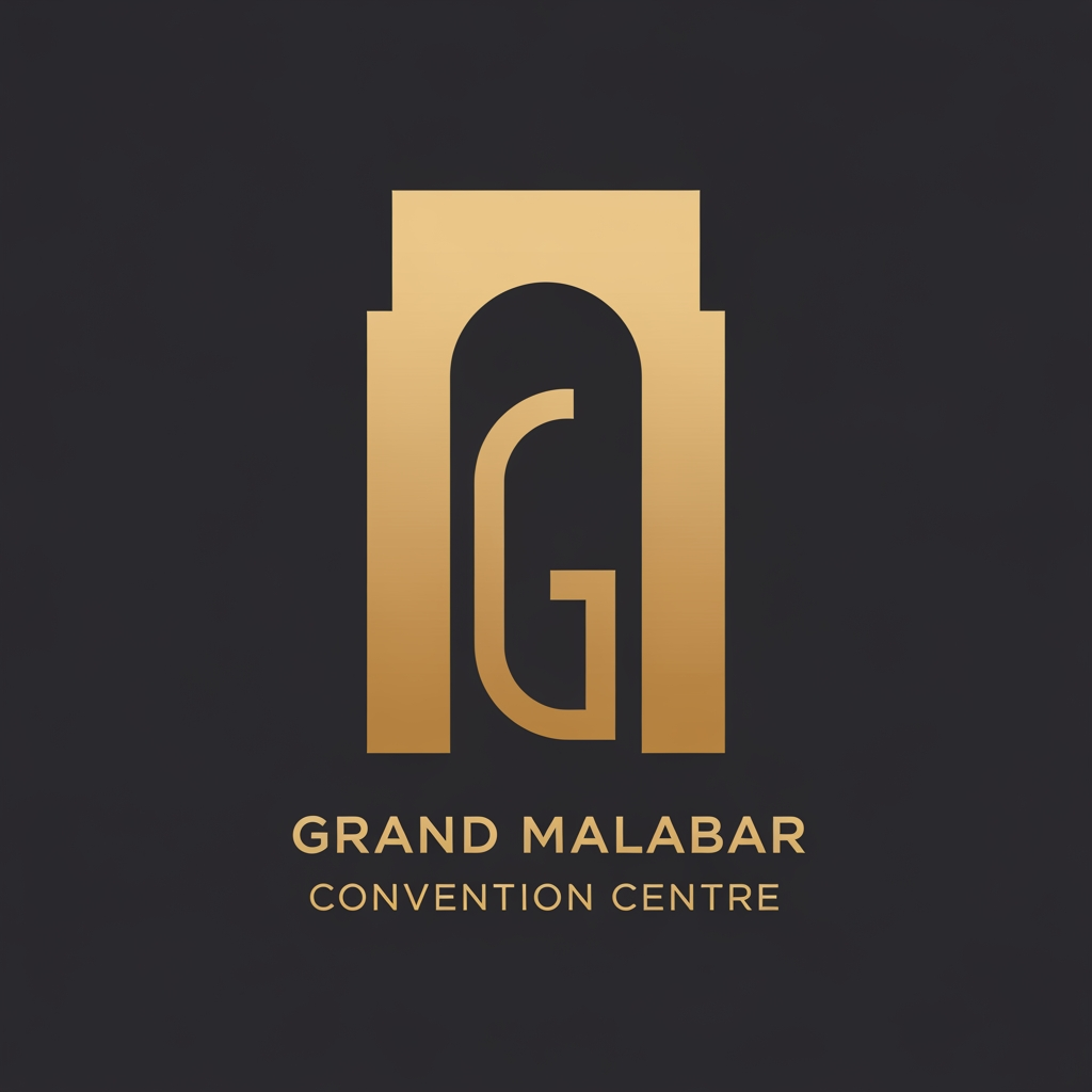 AI Design for Design a luxury minimalist logo for "Grand Malabar Convention Centre". Create a timeless iconic symbol inspired by a monumental architectural arch and grand entrance. Use strong geometric symmetry with a hidden letter "G" in the negative space. The mark should feel prestigious, sophisticated and landmark-worthy, similar to luxury hotels and world-class convention venues. Clean vector design, flat style, elegant custom wordmark, scalable, memorable, premium hospitality branding, no crowns, no domes, no wedding symbols, no elephants.