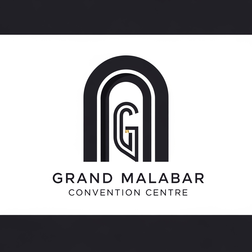 AI Design for Design a luxury minimalist logo for "Grand Malabar Convention Centre". Create a timeless iconic symbol inspired by a monumental architectural arch and grand entrance. Use strong geometric symmetry with a hidden letter "G" in the negative space. The mark should feel prestigious, sophisticated and landmark-worthy, similar to luxury hotels and world-class convention venues. Clean vector design, flat style, elegant custom wordmark, scalable, memorable, premium hospitality branding, no crowns, no domes, no wedding symbols, no elephants.