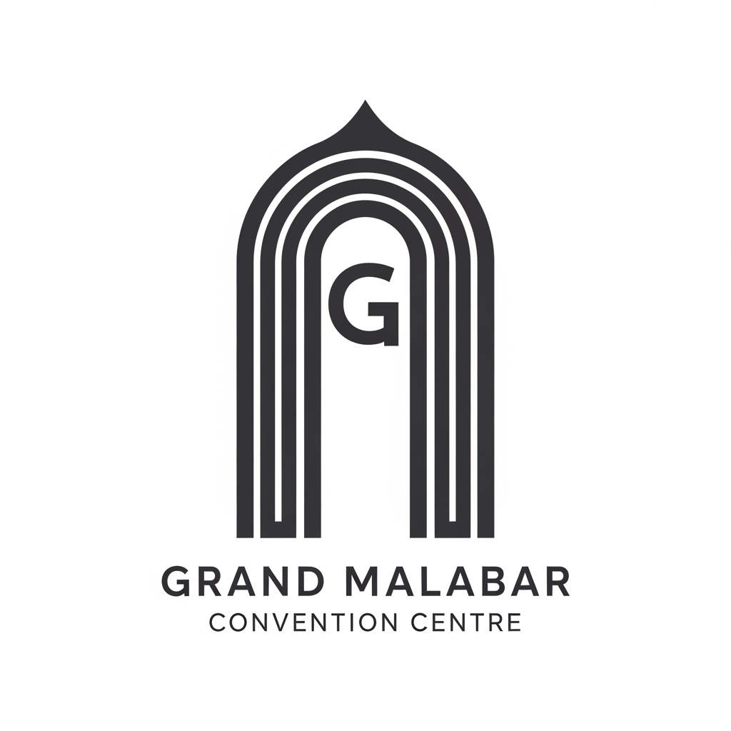AI Design for Design a luxury minimalist logo for "Grand Malabar Convention Centre". Create a timeless iconic symbol inspired by a monumental architectural arch and grand entrance. Use strong geometric symmetry with a hidden letter "G" in the negative space. The mark should feel prestigious, sophisticated and landmark-worthy, similar to luxury hotels and world-class convention venues. Clean vector design, flat style, elegant custom wordmark, scalable, memorable, premium hospitality branding, no crowns, no domes, no wedding symbols, no elephants.