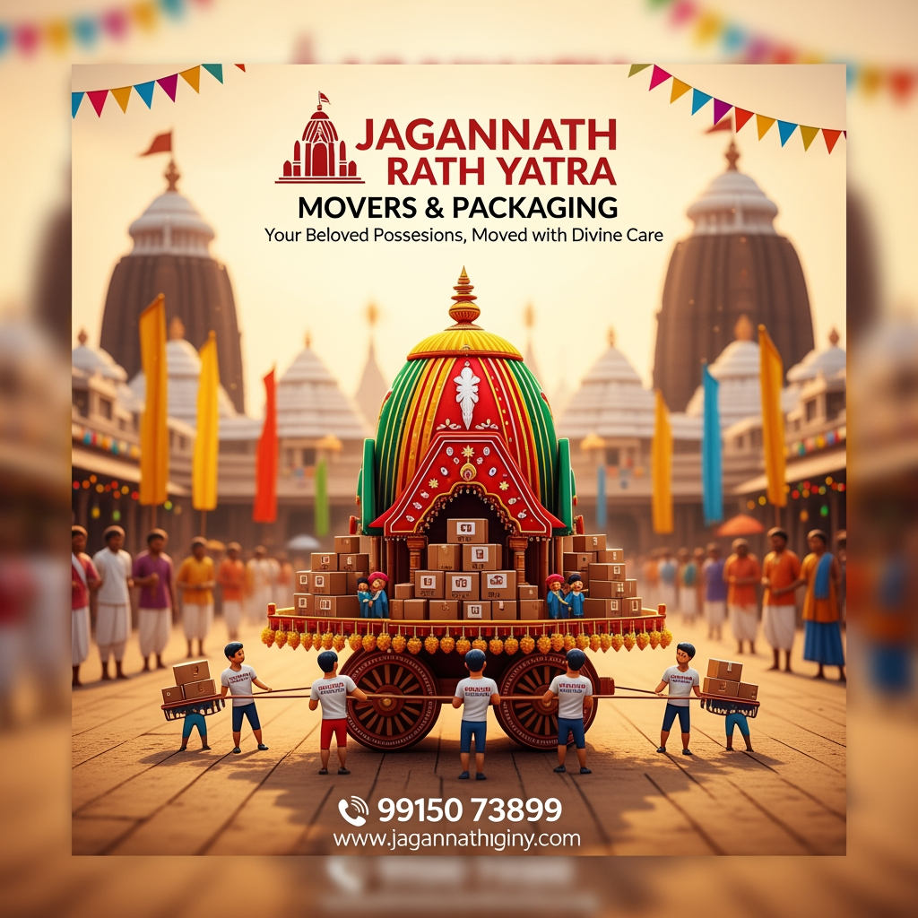 AI Design for jagnnath rath yatra  movers and pakeging company social media post
