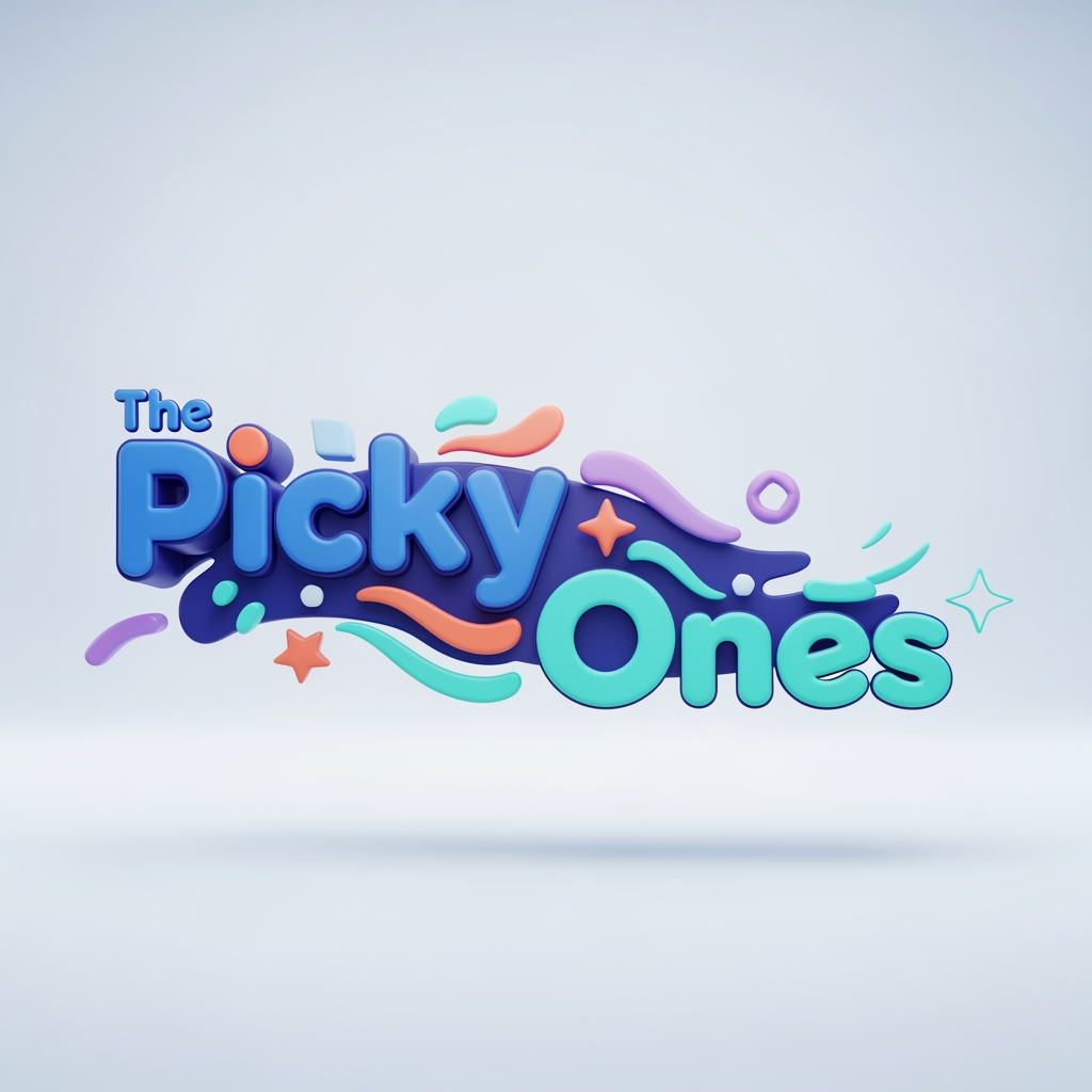 AI Design for Create a modern 3D logo for "ThePickyOnes", an ecommerce brand focused on kids, teens, and young trend-conscious shoppers. Design a sleek and playful wordmark that balances youthful energy with a contemporary premium feel. The typography should be bold, rounded, and friendly, with subtle custom letter modifications that make the brand memorable without looking childish.

Use a vibrant color palette combining electric blue, fresh turquoise, coral orange, and soft purple accents, with smooth gradients and glossy 3D materials. Incorporate subtle playful elements such as dynamic curves, floating geometric shapes, stars, sparkles, or abstract motion effects integrated into the lettering.

Render the logo in high-end 3D with realistic depth, soft reflections, ambient lighting, smooth shadows, and premium materials. The style should feel similar to leading youth-focused digital brands—modern, energetic, approachable, and stylish. Avoid cartoon characters, toys, baby themes, or overly corporate aesthetics.

Place the logo on a clean light background with soft studio lighting. Ultra-detailed 3D rendering, professional ecommerce branding, polished finish, high contrast, centered composition, commercial-quality design, 8K resolution, brand identity showcase.I want to create a logo for my brand "the pickyones"

keep "the' word minimal 25-30 percent only 
picky and ones should be of different color
it should reflect its meaning be that creative
it should flow in a direction