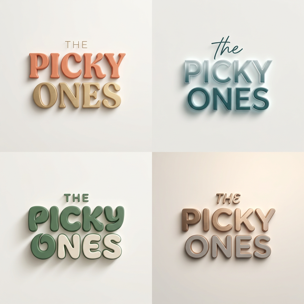 AI Design for A sophisticated, modern wordmark logo for 'the picky ones' set against a clean, minimalist off-white background. The design features a balanced, rounded typeface with custom, subtle letter modifications that convey premium energy, keeping the word 'the' significantly smaller and minimal compared to the main text. The composition is rendered with realistic 3D depth, featuring smooth, soft-touch material finishes, subtle ambient studio lighting, and elegant, soft drop shadows. The color palette is vibrant yet curated, avoiding childish tropes to maintain a stylish, trend-conscious aesthetic suitable for a high-end youth ecommerce brand.

the logo should reflect its meaning 
use "the" word in different font 
provide more fonts
