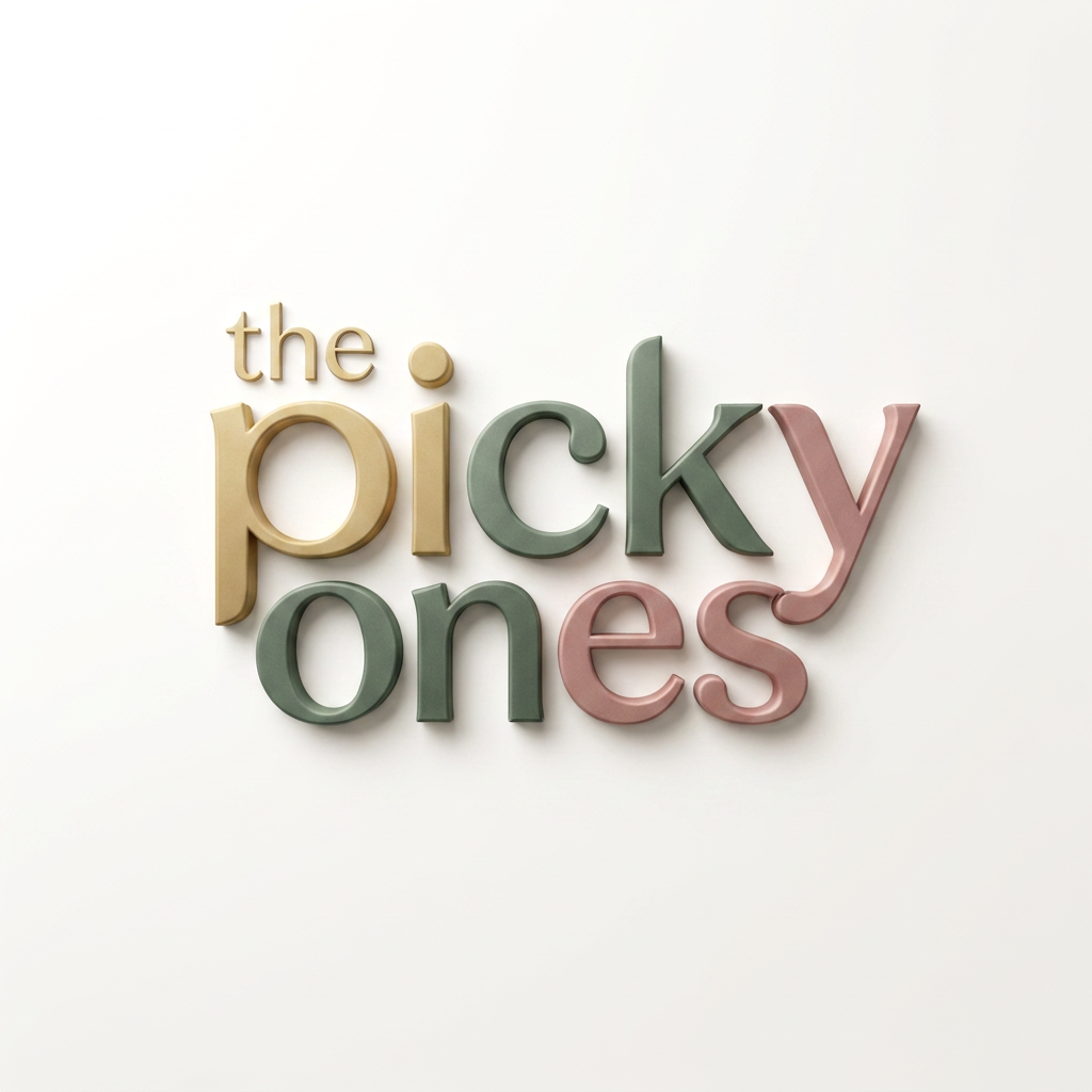 AI Design for A sophisticated, modern wordmark logo for 'the picky ones' set against a clean, minimalist off-white background. The design features a balanced, rounded typeface with custom, subtle letter modifications that convey premium energy, keeping the word 'the' significantly smaller and minimal compared to the main text. The composition is rendered with realistic 3D depth, featuring smooth, soft-touch material finishes, subtle ambient studio lighting, and elegant, soft drop shadows. The color palette is vibrant yet curated, avoiding childish tropes to maintain a stylish, trend-conscious aesthetic suitable for a high-end youth ecommerce brand.

the logo should reflect its meaning 
use "the" word in different font 
provide more fonts 

inspirations attached