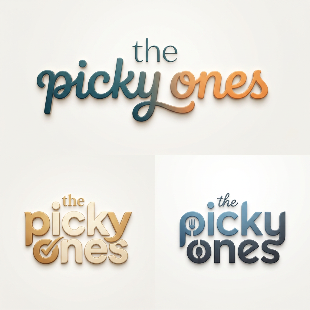 AI Design for A sophisticated, modern wordmark logo for 'the picky ones' set against a clean, minimalist off-white background. The design features a balanced, rounded typeface with custom, subtle letter modifications that convey premium energy, keeping the word 'the' significantly smaller and minimal compared to the main text. The composition is rendered with realistic 3D depth, featuring smooth, soft-touch material finishes, subtle ambient studio lighting, and elegant, soft drop shadows. The color palette is vibrant yet curated, avoiding childish tropes to maintain a stylish, trend-conscious aesthetic suitable for a high-end youth ecommerce brand.

the logo should reflect its meaning 
use "the" word in different font 
provide more fonts 

inspirations attached 

more options dont use too many colors 
and type the logo in a flow