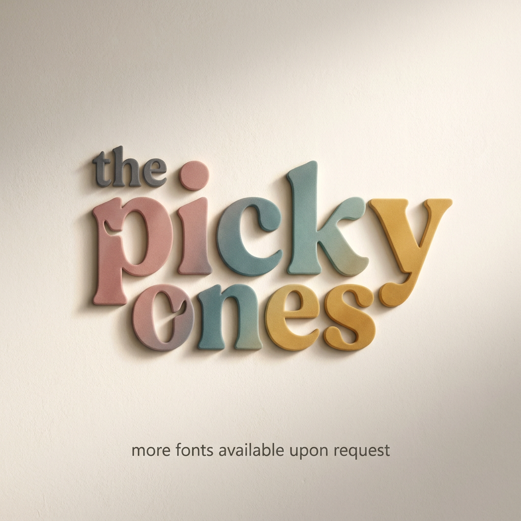 AI Design for A sophisticated, modern wordmark logo for 'the picky ones' set against a clean, minimalist off-white background. The design features a balanced, rounded typeface with custom, subtle letter modifications that convey premium energy, keeping the word 'the' significantly smaller and minimal compared to the main text. The composition is rendered with realistic 3D depth, featuring smooth, soft-touch material finishes, subtle ambient studio lighting, and elegant, soft drop shadows. The color palette is vibrant yet curated, avoiding childish tropes to maintain a stylish, trend-conscious aesthetic suitable for a high-end youth ecommerce brand.

the logo should reflect its meaning 
use "the" word in different font 
provide more fonts