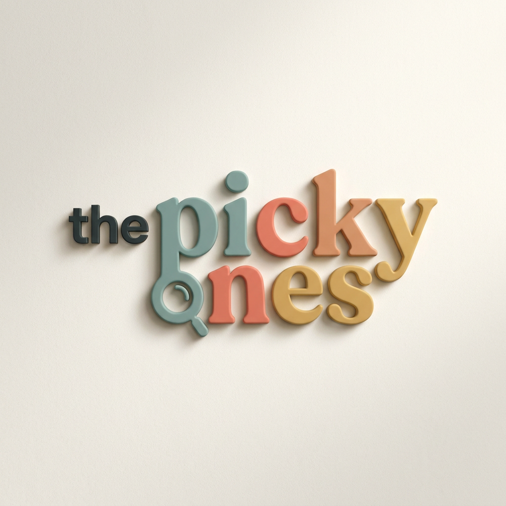 AI Design for A sophisticated, modern wordmark logo for 'the picky ones' set against a clean, minimalist off-white background. The design features a balanced, rounded typeface with custom, subtle letter modifications that convey premium energy, keeping the word 'the' significantly smaller and minimal compared to the main text. The composition is rendered with realistic 3D depth, featuring smooth, soft-touch material finishes, subtle ambient studio lighting, and elegant, soft drop shadows. The color palette is vibrant yet curated, avoiding childish tropes to maintain a stylish, trend-conscious aesthetic suitable for a high-end youth ecommerce brand.

the logo should reflect its meaning 
use "the" word in different font 
provide more fonts