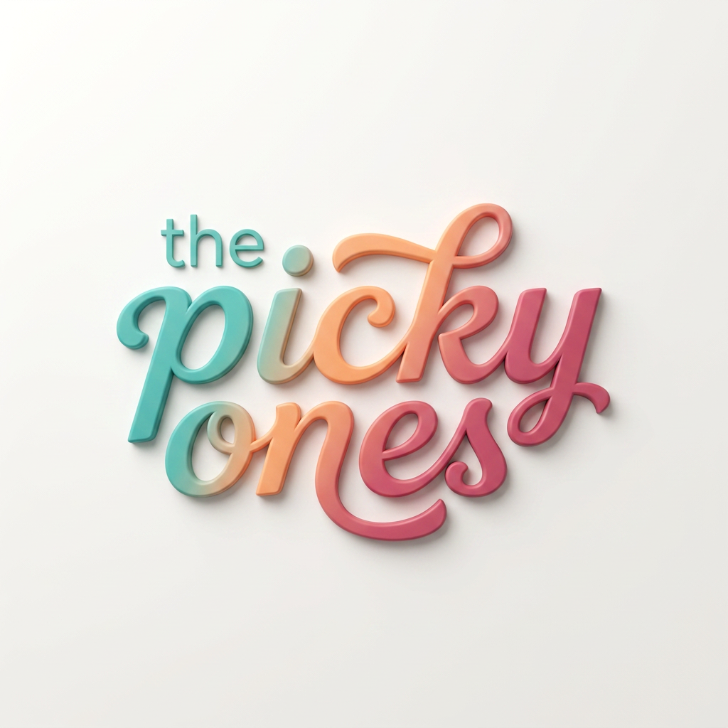 AI Design for A sophisticated, modern wordmark logo for 'the picky ones' set against a clean, minimalist off-white background. The design features a balanced, rounded typeface with custom, subtle letter modifications that convey premium energy, keeping the word 'the' significantly smaller and minimal compared to the main text. The composition is rendered with realistic 3D depth, featuring smooth, soft-touch material finishes, subtle ambient studio lighting, and elegant, soft drop shadows. The color palette is vibrant yet curated, avoiding childish tropes to maintain a stylish, trend-conscious aesthetic suitable for a high-end youth ecommerce brand.

the logo should reflect its meaning 
use "the" word in different font 
provide more fonts 

inspirations attached 

more options dont use too many colors 
and type the logo in a flow