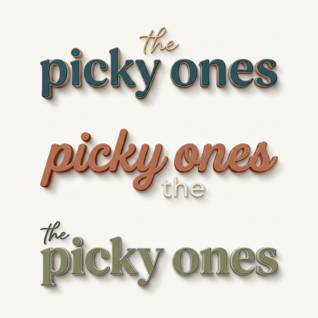 AI Design for A sophisticated, modern wordmark logo for 'the picky ones' set against a clean, minimalist off-white background. The design features a balanced, rounded typeface with custom, subtle letter modifications that convey premium energy, keeping the word 'the' significantly smaller and minimal compared to the main text. The composition is rendered with realistic 3D depth, featuring smooth, soft-touch material finishes, subtle ambient studio lighting, and elegant, soft drop shadows. The color palette is vibrant yet curated, avoiding childish tropes to maintain a stylish, trend-conscious aesthetic suitable for a high-end youth ecommerce brand.

the logo should reflect its meaning 
use "the" word in different font 
provide more fonts 

inspirations attached 

more options dont use too many colors 
and type the logo in a flow