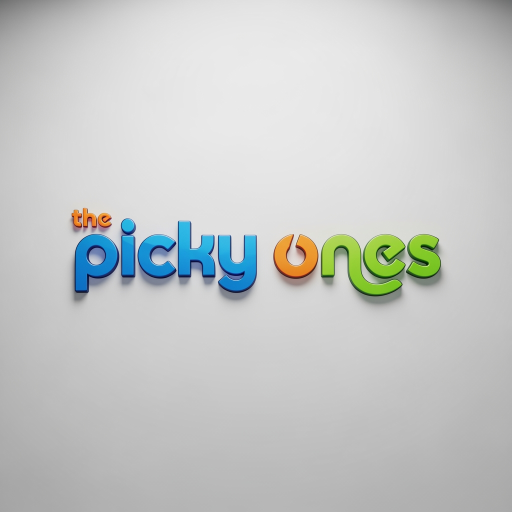 AI Design for Create a modern logo for "the picky ones", an ecommerce brand focused on kids, teens, and young trend-conscious shoppers. 

Design a wordmark logo that balances youthful energy with a contemporary premium feel. The typography should be rounded, and friendly, with subtle custom letter modifications that make the brand memorable without looking childish.

Use a vibrant color palette. Incorporate subtle playful elements 

Render the logo in high with realistic depth, soft reflections, ambient lighting, smooth shadows, and premium materials. The style should feel similar to leading youth-focused digital brands—modern, energetic, approachable, and stylish. Avoid cartoon characters, toys, baby themes, or overly corporate aesthetics.

Place the logo on a clean light background with soft studio lighting. 

keep "the" word minimal 

Use fonts like bespoke stencil
Daffiys
fonlog font
gebuk
meqanor
the gora