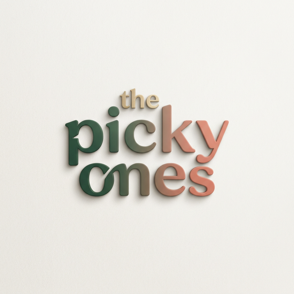 AI Design for A sophisticated, modern wordmark logo for 'the picky ones' set against a clean, minimalist off-white background. The design features a balanced, rounded typeface with custom, subtle letter modifications that convey premium energy, keeping the word 'the' significantly smaller and minimal compared to the main text. The composition is rendered with realistic 3D depth, featuring smooth, soft-touch material finishes, subtle ambient studio lighting, and elegant, soft drop shadows. The color palette is vibrant yet curated, avoiding childish tropes to maintain a stylish, trend-conscious aesthetic suitable for a high-end youth ecommerce brand.

the logo should reflect its meaning 
use "the" word in different font 
provide more fonts