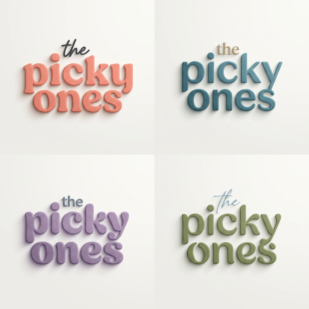 AI Design for A sophisticated, modern wordmark logo for 'the picky ones' set against a clean, minimalist off-white background. The design features a balanced, rounded typeface with custom, subtle letter modifications that convey premium energy, keeping the word 'the' significantly smaller and minimal compared to the main text. The composition is rendered with realistic 3D depth, featuring smooth, soft-touch material finishes, subtle ambient studio lighting, and elegant, soft drop shadows. The color palette is vibrant yet curated, avoiding childish tropes to maintain a stylish, trend-conscious aesthetic suitable for a high-end youth ecommerce brand.

the logo should reflect its meaning 
use "the" word in different font 
provide more fonts