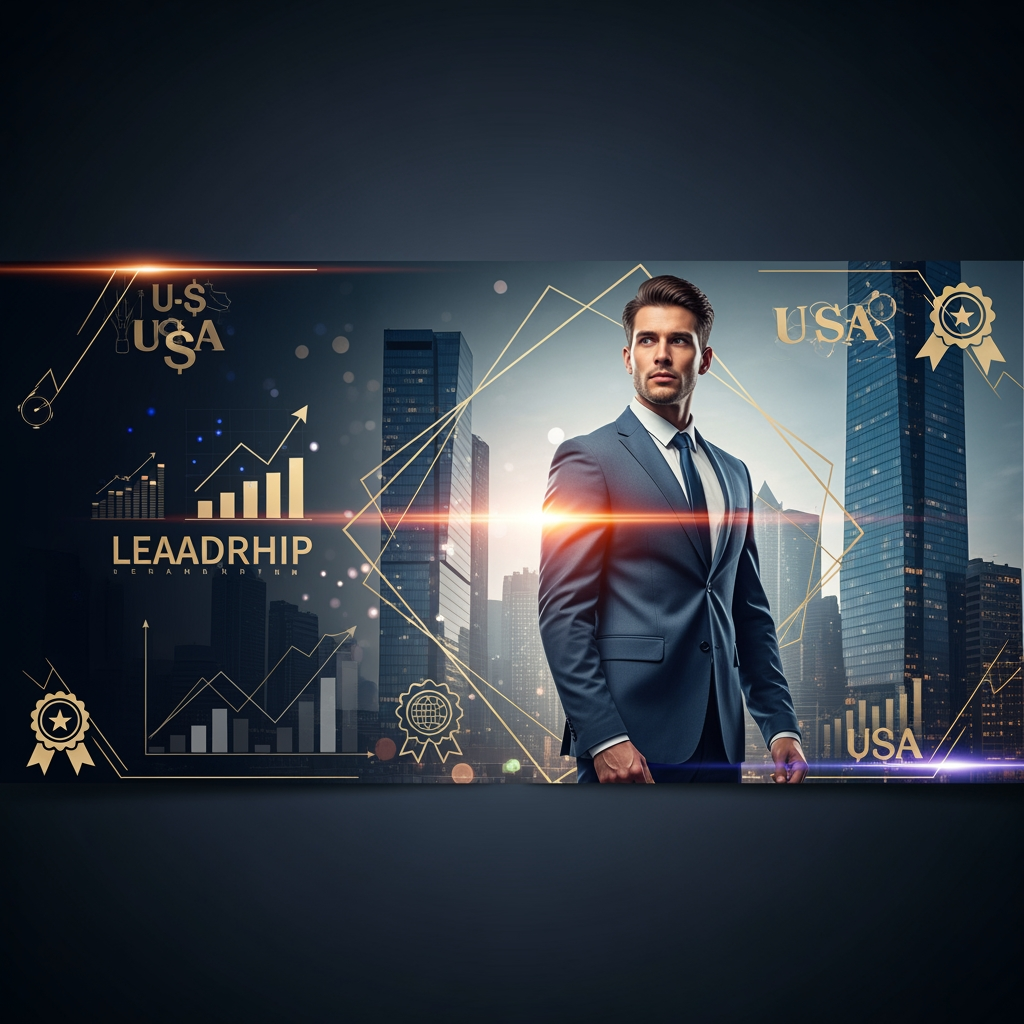 AI Design for Create a premium executive award nomination banner in 678×507 pixels. Use a sophisticated dark navy-to-black gradient background with subtle gold accents, elegant light flares, and a luxurious corporate aesthetic.

Feature a confident young business leader (male or female, age 30–40) in a sharp tailored suit standing prominently on one side. Behind them, incorporate a modern American city skyline with glass skyscrapers, soft bokeh lights, and subtle financial-growth elements such as upward graphs, leadership icons, and achievement symbols.

Add refined gold geometric frames, premium lighting effects, and depth to create a prestigious recognition-award atmosphere. Include a subtle USA-inspired theme using elegant red, white, and blue highlights integrated into the background without appearing overly patriotic.

Text Layout:

Headline (Large, Bold):
ARE YOU UNDER 40 AND ALREADY UNSTOPPABLE?

Subheadline:
Nominate To Feature In

Main Title (Largest Element):
TradeFlock's 40 Under 40 USA 2026

Supporting Text:
Honouring America's Most Accomplished Young Business Leaders

CTA Button (Gold Gradient):
SUBMIT YOUR NOMINATION

Style Keywords:
Premium corporate awards, Forbes-style recognition, luxury business branding, executive leadership, achievement, success, prestige, modern typography, high-end magazine cover aesthetic, ultra-sharp, professional, award-winning design, 678×507.
