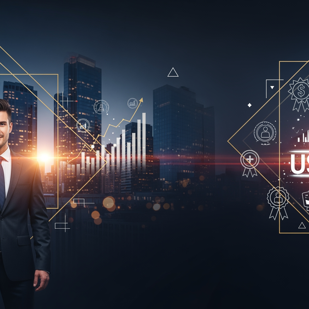 AI Design for Create a premium executive award nomination banner in 678×507 pixels. Use a sophisticated dark navy-to-black gradient background with subtle gold accents, elegant light flares, and a luxurious corporate aesthetic.

Feature a confident young business leader (male or female, age 30–40) in a sharp tailored suit standing prominently on one side. Behind them, incorporate a modern American city skyline with glass skyscrapers, soft bokeh lights, and subtle financial-growth elements such as upward graphs, leadership icons, and achievement symbols.

Add refined gold geometric frames, premium lighting effects, and depth to create a prestigious recognition-award atmosphere. Include a subtle USA-inspired theme using elegant red, white, and blue highlights integrated into the background without appearing overly patriotic.

Text Layout:

Headline (Large, Bold):
ARE YOU UNDER 40 AND ALREADY UNSTOPPABLE?

Subheadline:
Nominate To Feature In

Main Title (Largest Element):
TradeFlock's 40 Under 40 USA 2026

Supporting Text:
Honouring America's Most Accomplished Young Business Leaders

CTA Button (Gold Gradient):
SUBMIT YOUR NOMINATION

Style Keywords:
Premium corporate awards, Forbes-style recognition, luxury business branding, executive leadership, achievement, success, prestige, modern typography, high-end magazine cover aesthetic, ultra-sharp, professional, award-winning design, 678×507.