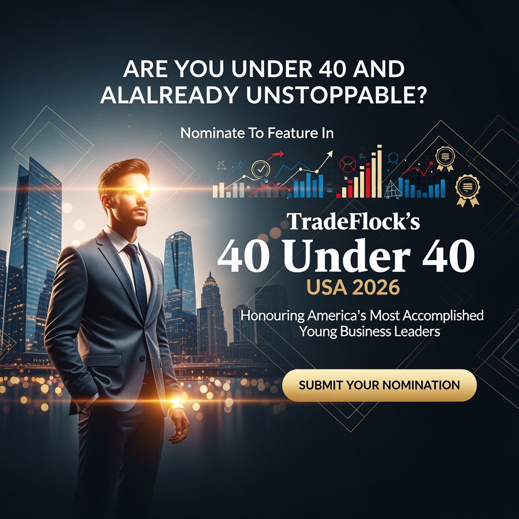 AI Design for Create a premium executive award nomination banner in 678×507 pixels. Use a sophisticated dark navy-to-black gradient background with subtle gold accents, elegant light flares, and a luxurious corporate aesthetic.

Feature a confident young business leader (male or female, age 30–40) in a sharp tailored suit standing prominently on one side. Behind them, incorporate a modern American city skyline with glass skyscrapers, soft bokeh lights, and subtle financial-growth elements such as upward graphs, leadership icons, and achievement symbols.

Add refined gold geometric frames, premium lighting effects, and depth to create a prestigious recognition-award atmosphere. Include a subtle USA-inspired theme using elegant red, white, and blue highlights integrated into the background without appearing overly patriotic.

Text Layout:

Headline (Large, Bold):
ARE YOU UNDER 40 AND ALREADY UNSTOPPABLE?

Subheadline:
Nominate To Feature In

Main Title (Largest Element):
TradeFlock's 40 Under 40 USA 2026

Supporting Text:
Honouring America's Most Accomplished Young Business Leaders

CTA Button (Gold Gradient):
SUBMIT YOUR NOMINATION

Style Keywords:
Premium corporate awards, Forbes-style recognition, luxury business branding, executive leadership, achievement, success, prestige, modern typography, high-end magazine cover aesthetic, ultra-sharp, professional, award-winning design, 678×507.
