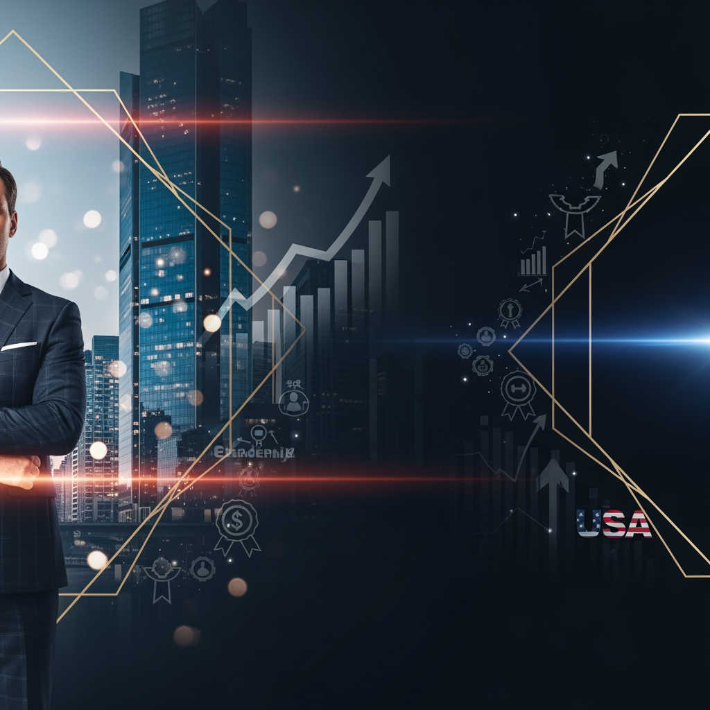 AI Design for Create a premium executive award nomination banner in 678×507 pixels. Use a sophisticated dark navy-to-black gradient background with subtle gold accents, elegant light flares, and a luxurious corporate aesthetic.

Feature a confident young business leader (male or female, age 30–40) in a sharp tailored suit standing prominently on one side. Behind them, incorporate a modern American city skyline with glass skyscrapers, soft bokeh lights, and subtle financial-growth elements such as upward graphs, leadership icons, and achievement symbols.

Add refined gold geometric frames, premium lighting effects, and depth to create a prestigious recognition-award atmosphere. Include a subtle USA-inspired theme using elegant red, white, and blue highlights integrated into the background without appearing overly patriotic.

Text Layout:

Headline (Large, Bold):
ARE YOU UNDER 40 AND ALREADY UNSTOPPABLE?

Subheadline:
Nominate To Feature In

Main Title (Largest Element):
TradeFlock's 40 Under 40 USA 2026

Supporting Text:
Honouring America's Most Accomplished Young Business Leaders

CTA Button (Gold Gradient):
SUBMIT YOUR NOMINATION

Style Keywords:
Premium corporate awards, Forbes-style recognition, luxury business branding, executive leadership, achievement, success, prestige, modern typography, high-end magazine cover aesthetic, ultra-sharp, professional, award-winning design, 678×507.