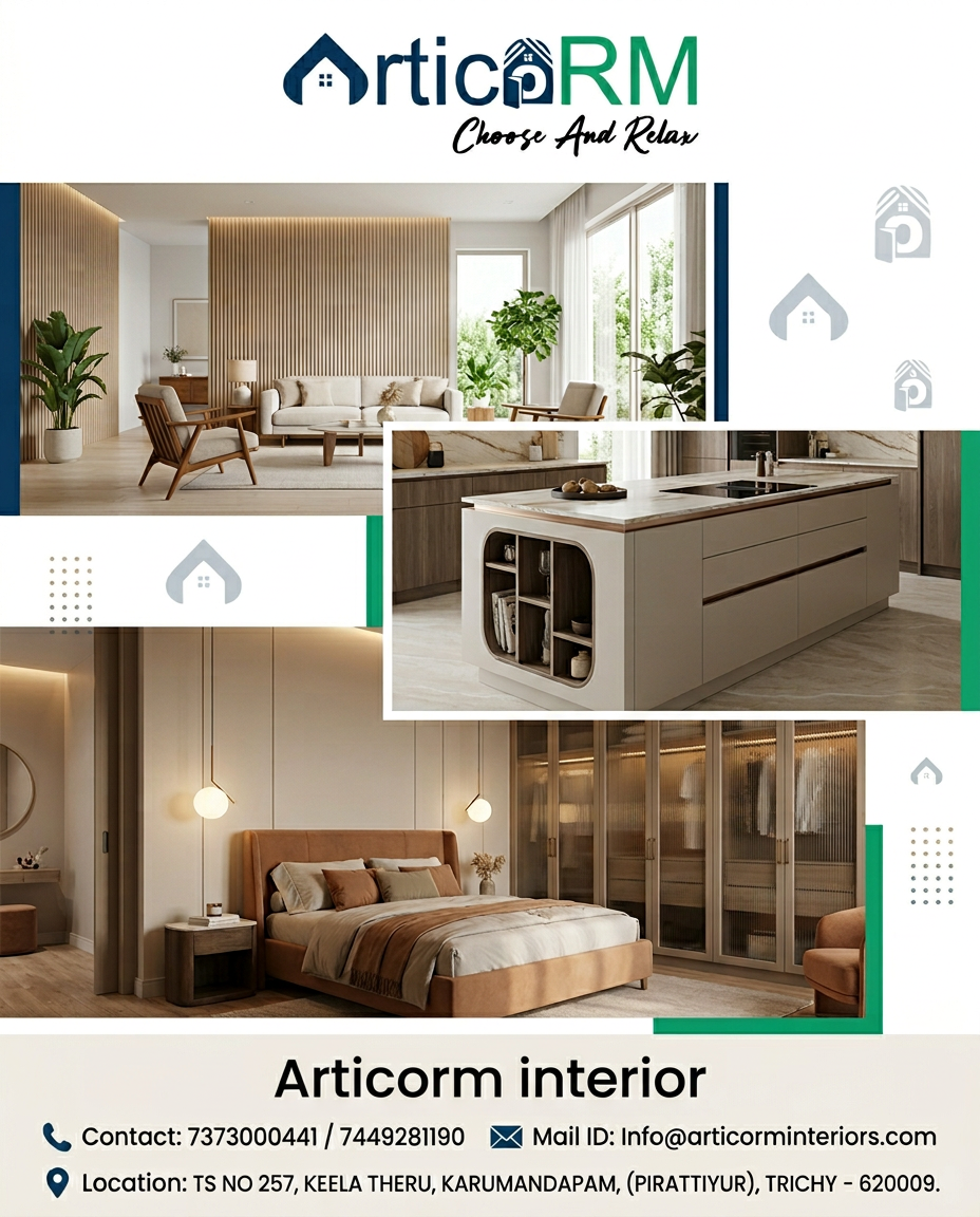 AI Design for use this picture for logo create a interior unique design design for instagram poster aspect ratio 4:5 size, company name ; Articorm interior contact number; 7373000441/7449281190 mailid;Info@articorminteriors.com location; TS NO 257, KEELA THERU, KARUMANDAPAM, (PIRATTIYUR), TRICHY - 620009. create unique and attract design for home owners use multiple 2or 3 image poster