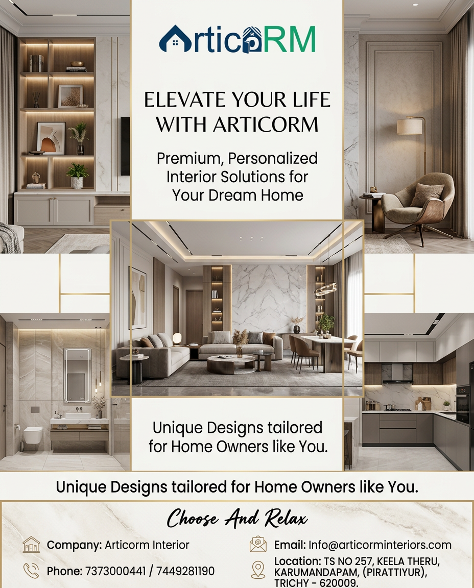 AI Design for use this picture for logo create a interior unique design design for instagram poster aspect ratio 4:5 size, company name ; Articorm interior contact number; 7373000441/7449281190 mailid;Info@articorminteriors.com location; TS NO 257, KEELA THERU, KARUMANDAPAM, (PIRATTIYUR), TRICHY - 620009. create unique and attract design for home owners use multiple image poster