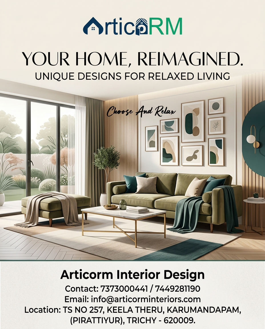 AI Design for use this picture for logo create a interior unique design design for instagram poster aspect ratio 4:5 size, company name ; Articorm interior contact number; 7373000441/7449281190 mailid;Info@articorminteriors.com location; TS NO 257, KEELA THERU, KARUMANDAPAM, (PIRATTIYUR), TRICHY - 620009. create unique and attract design for home owners