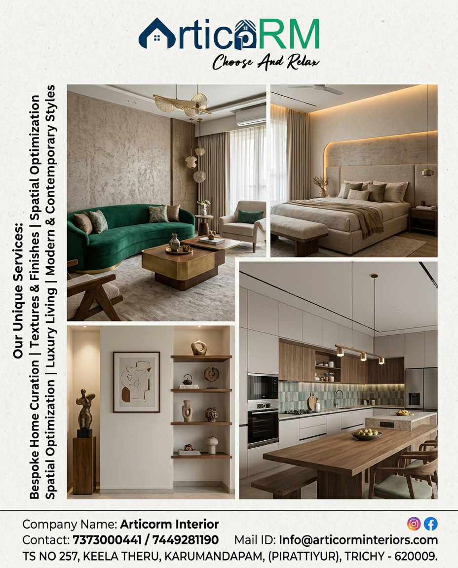 AI Design for use this picture for logo create a interior unique design design for instagram poster aspect ratio 4:5 size, company name ; Articorm interior contact number; 7373000441/7449281190 mailid;Info@articorminteriors.com location; TS NO 257, KEELA THERU, KARUMANDAPAM, (PIRATTIYUR), TRICHY - 620009. create unique and attract design for home owners use multiple 2or 3 image poster