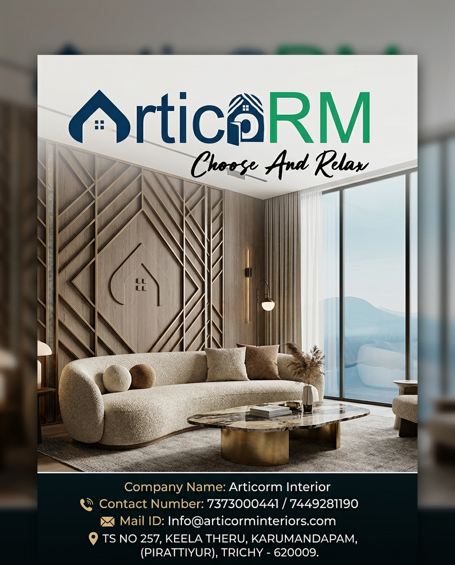 AI Design for use this picture for logo create a interior unique design design for instagram poster aspect ratio 4:5 size, company name ; Articorm interior contact number; 7373000441/7449281190 mailid;Info@articorminteriors.com location; TS NO 257, KEELA THERU, KARUMANDAPAM, (PIRATTIYUR), TRICHY - 620009. create unique and attract design
