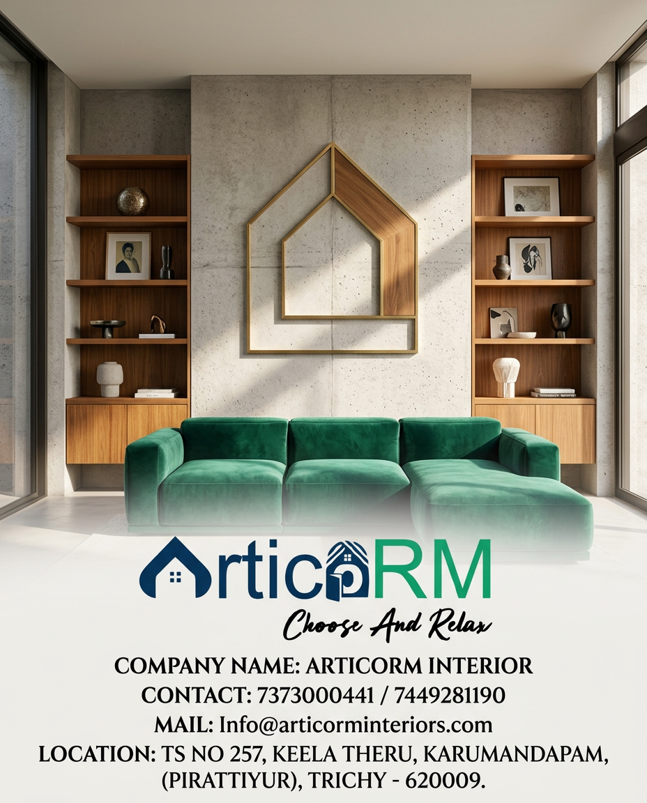 AI Design for use this picture for logo create a interior unique design design for instagram poster aspect ratio 4:5 size, company name ; Articorm interior contact number; 7373000441/7449281190 mailid;Info@articorminteriors.com location; TS NO 257, KEELA THERU, KARUMANDAPAM, (PIRATTIYUR), TRICHY - 620009. create unique and attract design for home owners